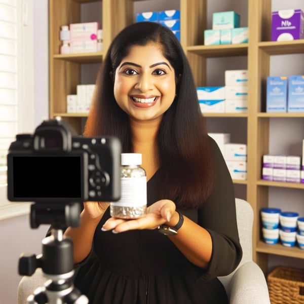 create an image of a social media influencer recording a video doing a healthcare product review